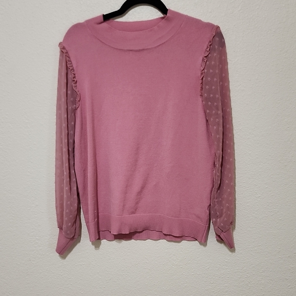 Pink Crew Neck Sweater with Sheer Sleeves